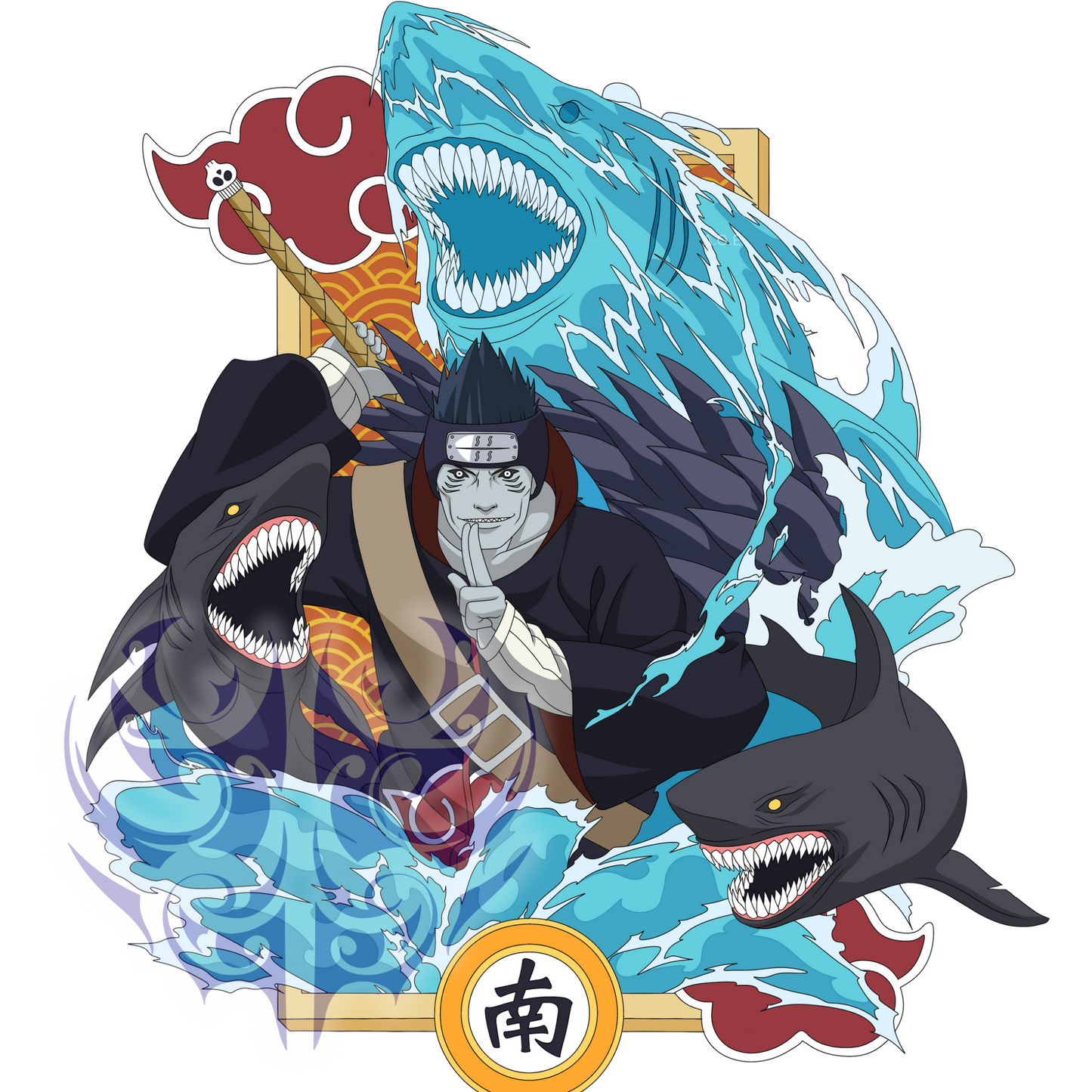 Crows, sharks and heart pin in hand